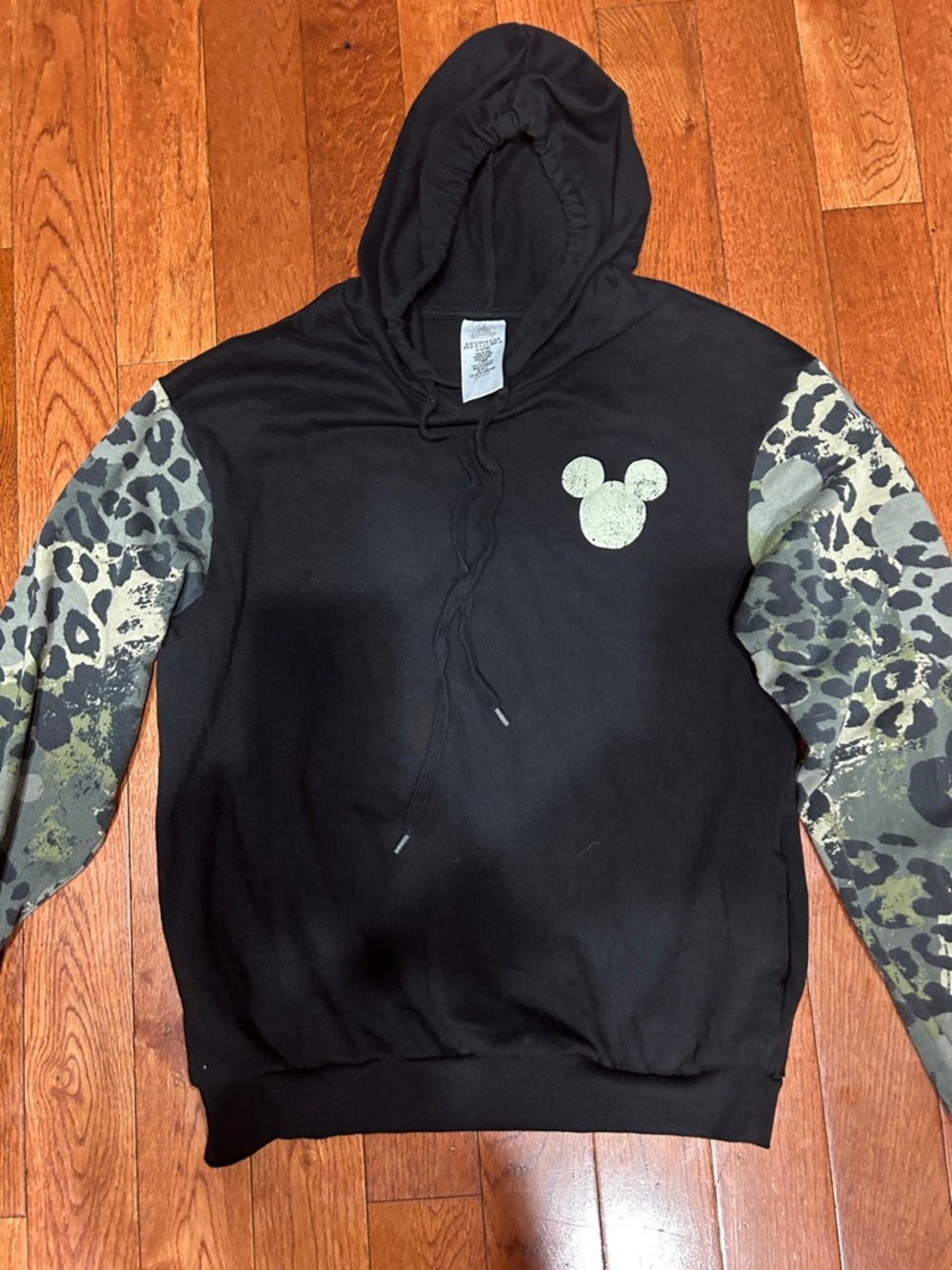 Disney Black Hoodie with Olive Green Camo Leopard Sleeves